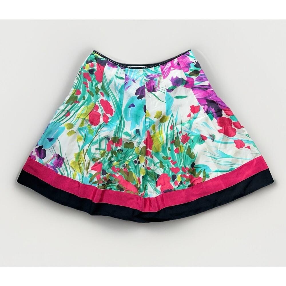 Peter Nygard Vibrant Floral Circle Skirt in White, Pink, Teal & Black